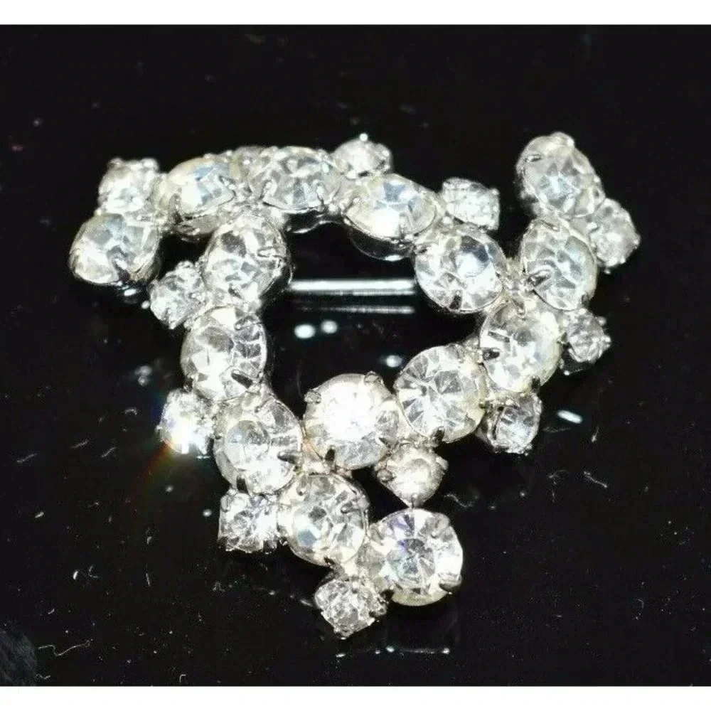 VTG Silver Tone Clear Rhinestone Infinity Triangle Swirl Pin Brooch